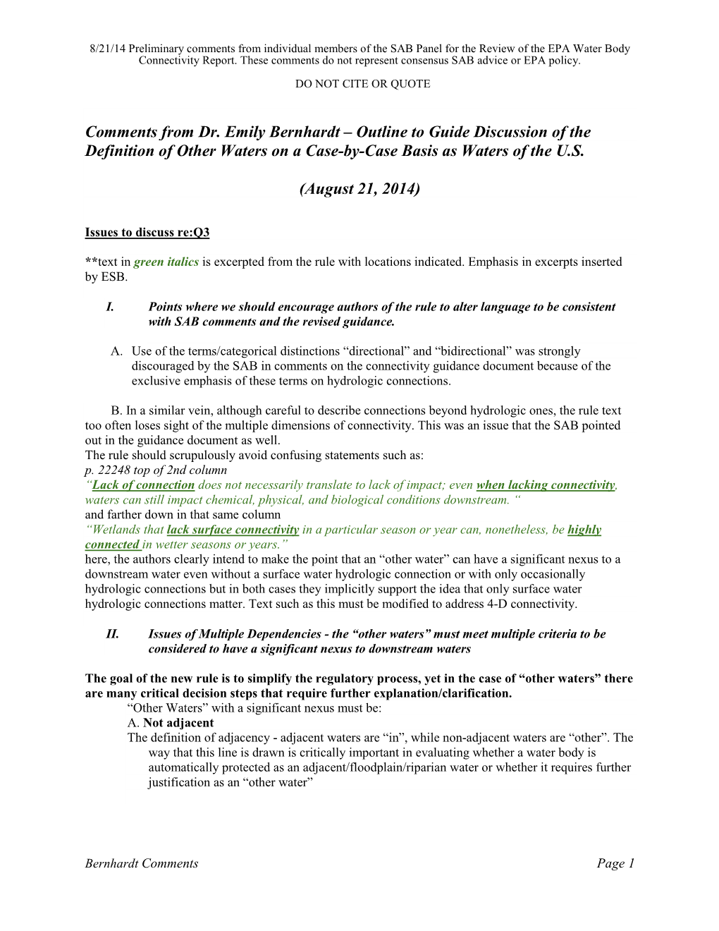 Comments from Dr. Emily Bernhardt – Outline to Guide Discussion of the Definition of Other Waters on a Case-By-Case Basis As Waters of the U.S