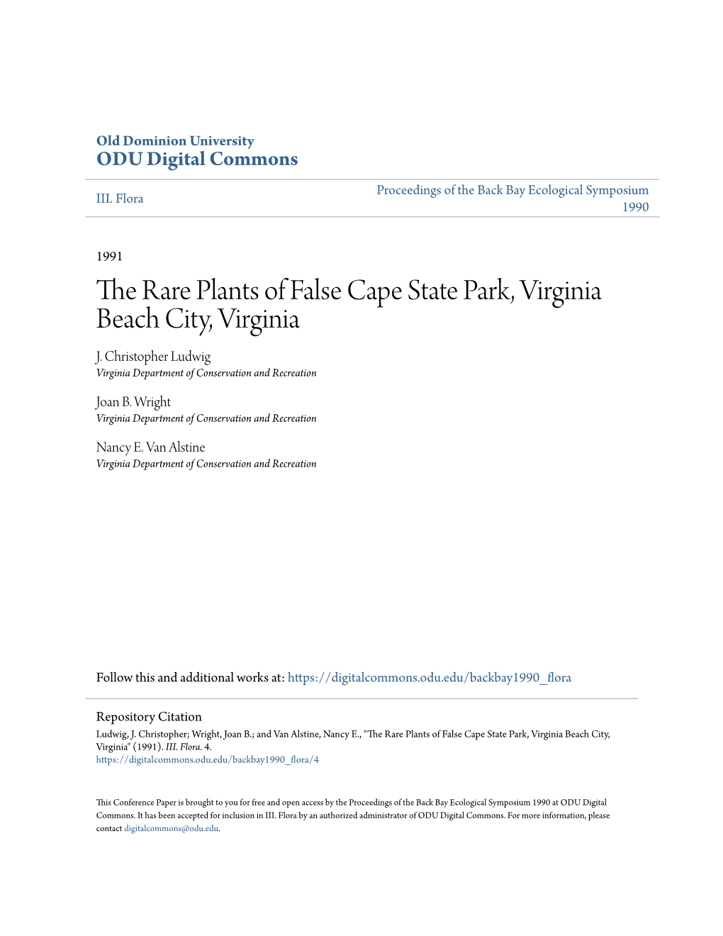 The Rare Plants of False Cape State Park, Virginia Beach City, Virginia J