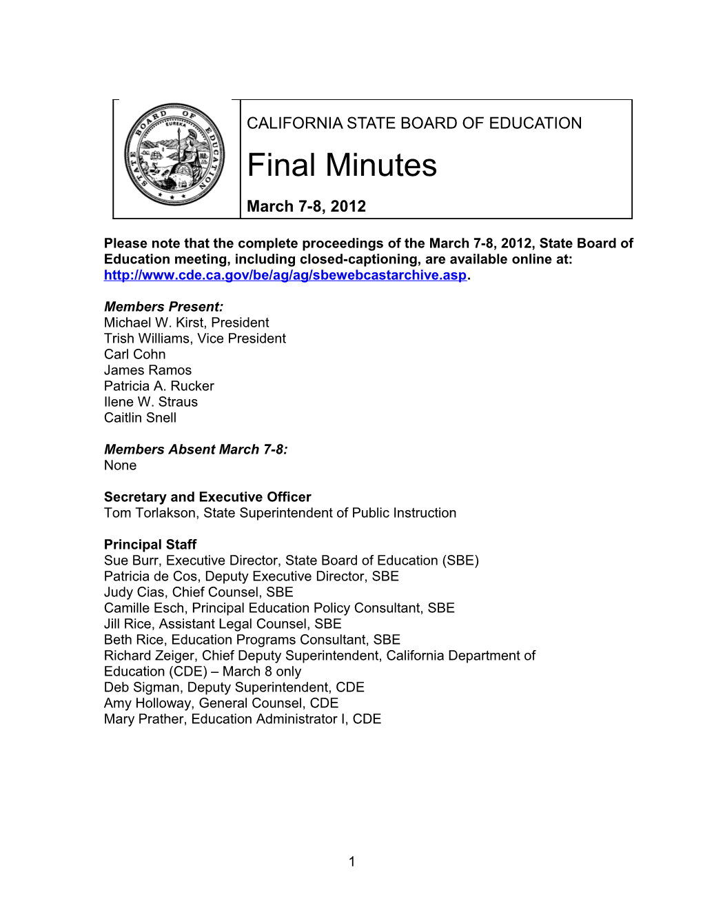 Final Minutes for March 7-8, 2012 - SBE Minutes (CA State Board of Education)