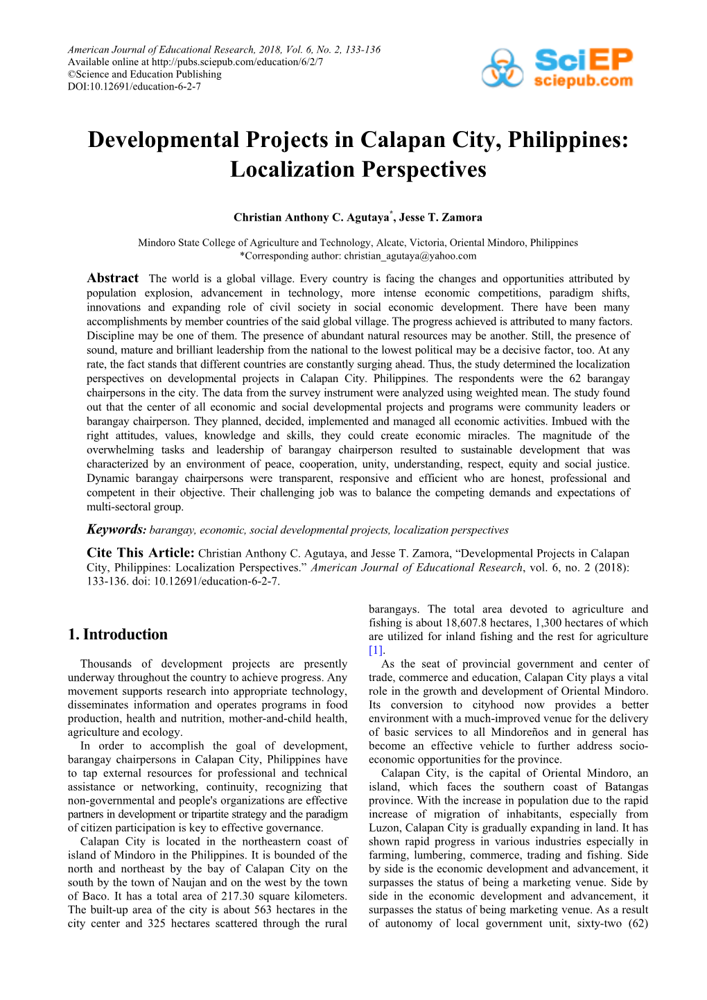 Developmental Projects in Calapan City, Philippines: Localization Perspectives
