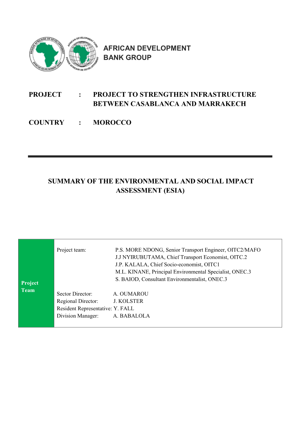 Project : Project to Strengthen Infrastructure Between Casablanca and Marrakech