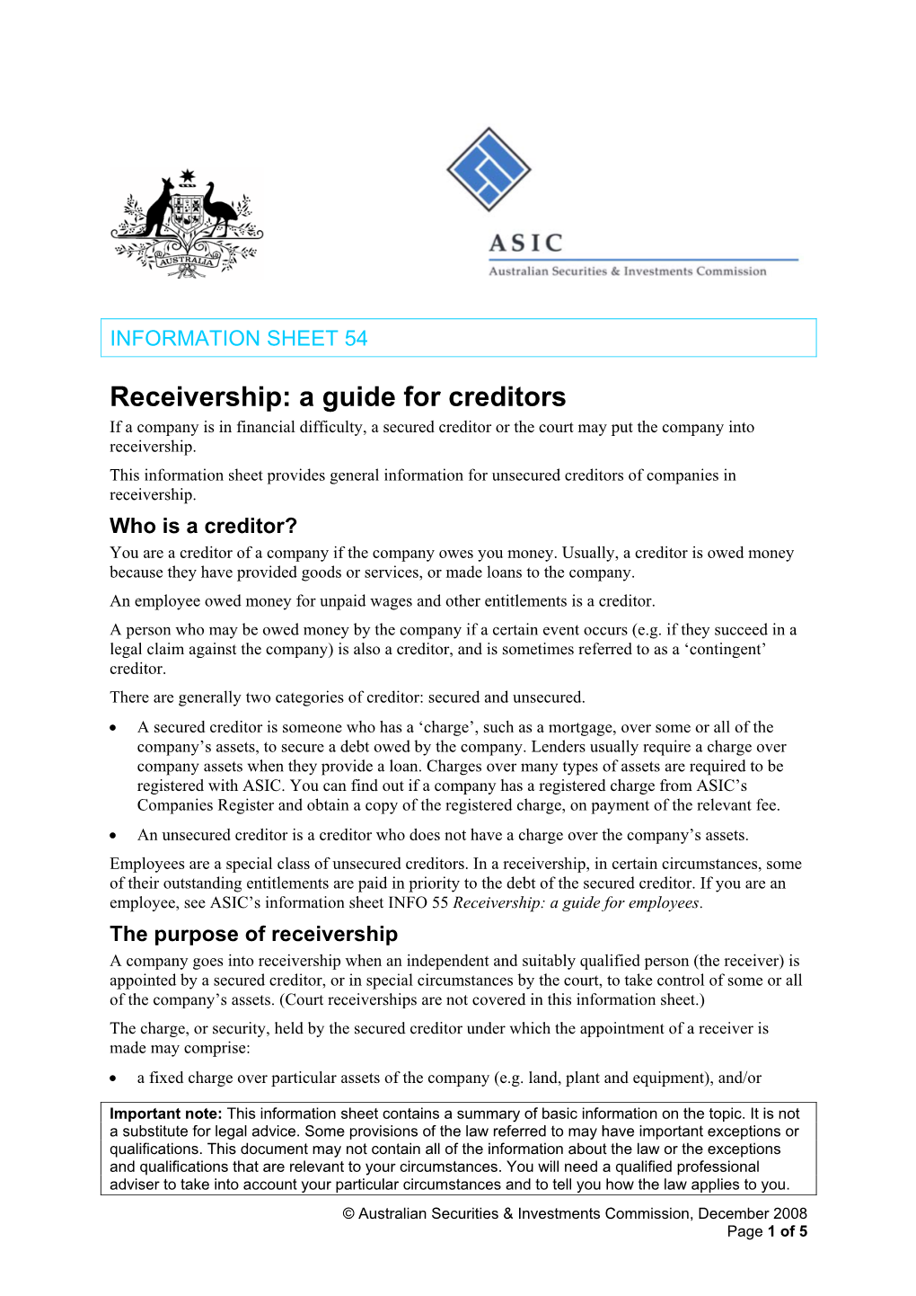 Receivership: a Guide for Creditors (ASIC: Information Sheet