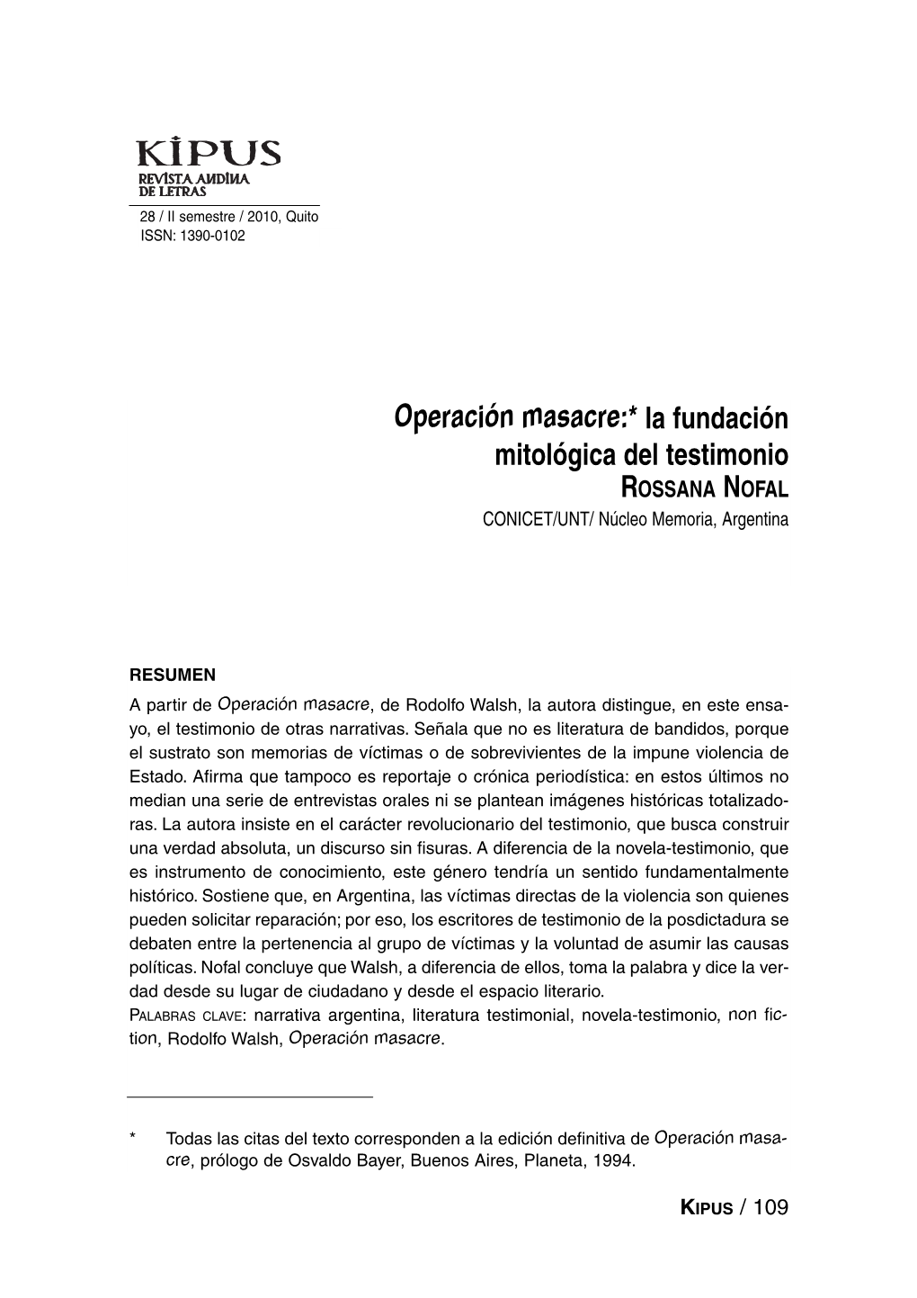 Operación Masacre: La Fundación Mitológica Del Testimonio