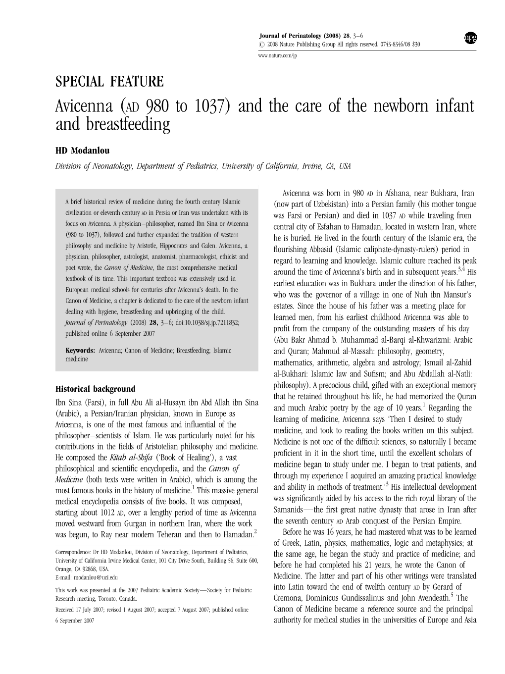 Avicenna (AD 980 to 1037) and the Care of the Newborn Infant and Breastfeeding