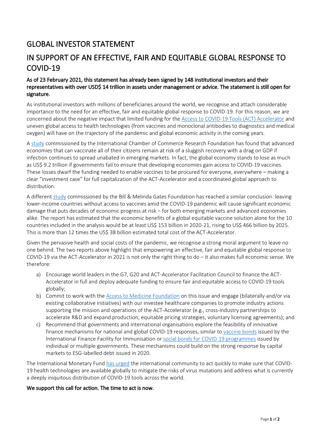 Global Investor Statement in Support of an Effective, Fair and Equitable Global Response to Covid-19