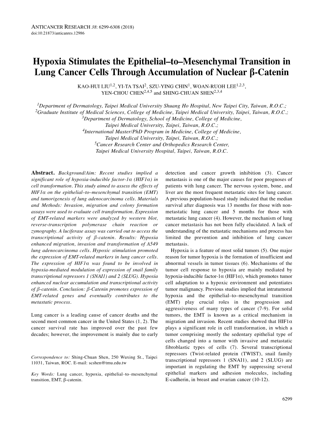 Hypoxia Stimulates the Epithelial–To–Mesenchymal Transition in Lung