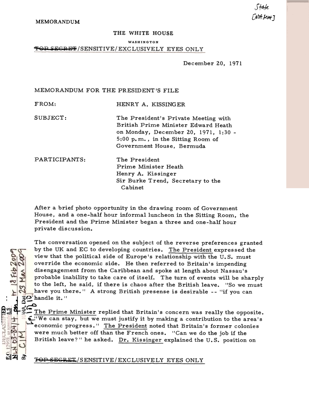 The President's Private Meeting with British Prime Minister Edward Heath on Monday, December 20, 1971, 1:30- 5:00 P