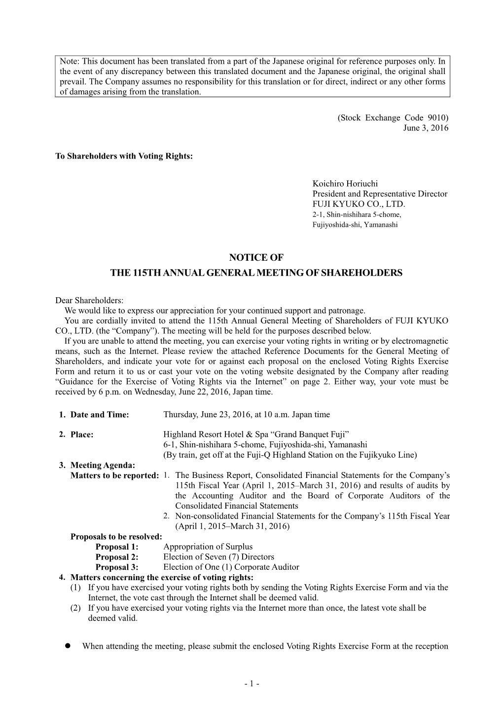 Notice of the 115Th Annual General Meeting of Shareholders