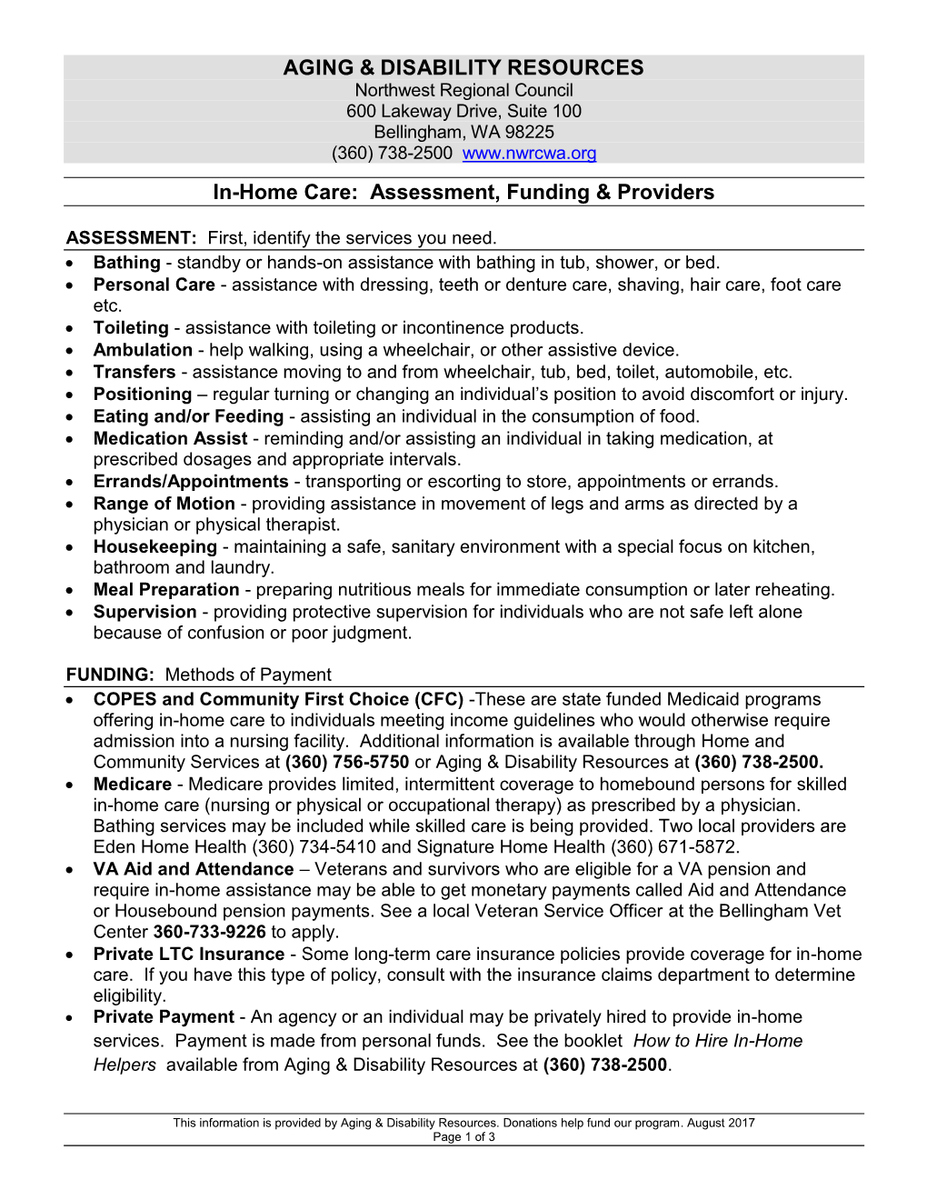 AGING & DISABILITY RESOURCES In-Home Care: Assessment, Funding