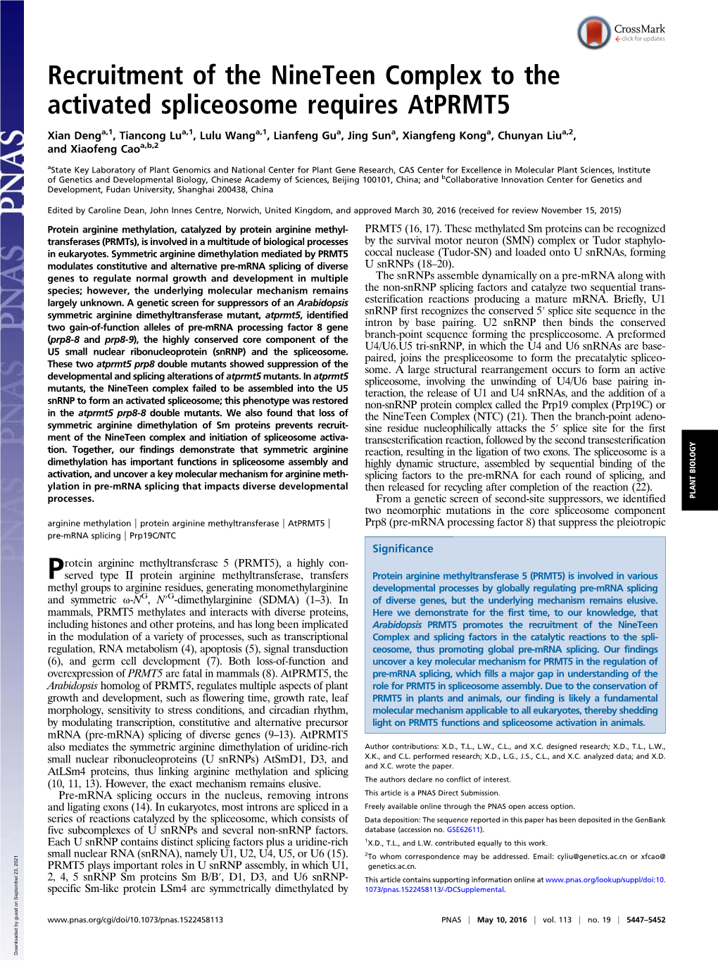 Recruitment of the Nineteen Complex to the Activated Spliceosome Requires Atprmt5