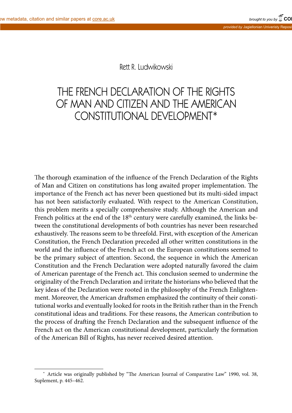The French Declaration of the Rights of Man and Citizen and the American Constitutional Development*