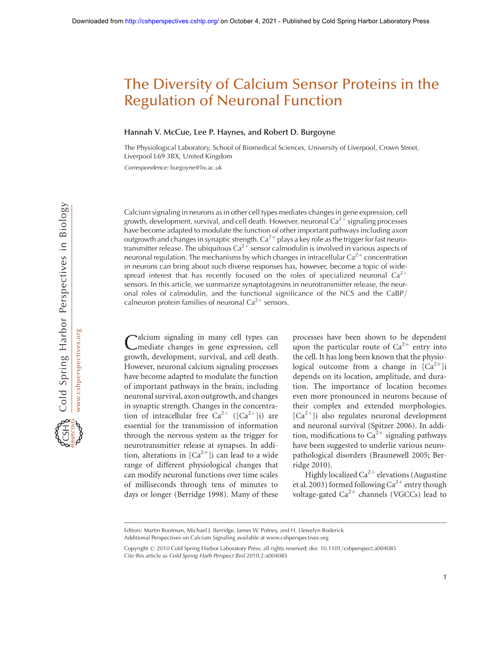 The Diversity of Calcium Sensor Proteins in the Regulation of Neuronal Function