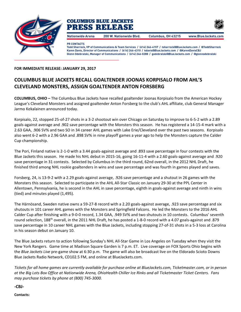 Columbus Blue Jackets Recall Goaltender Joonas Korpisalo from Ahl’S Cleveland Monsters, Assign Goaltender Anton Forsberg