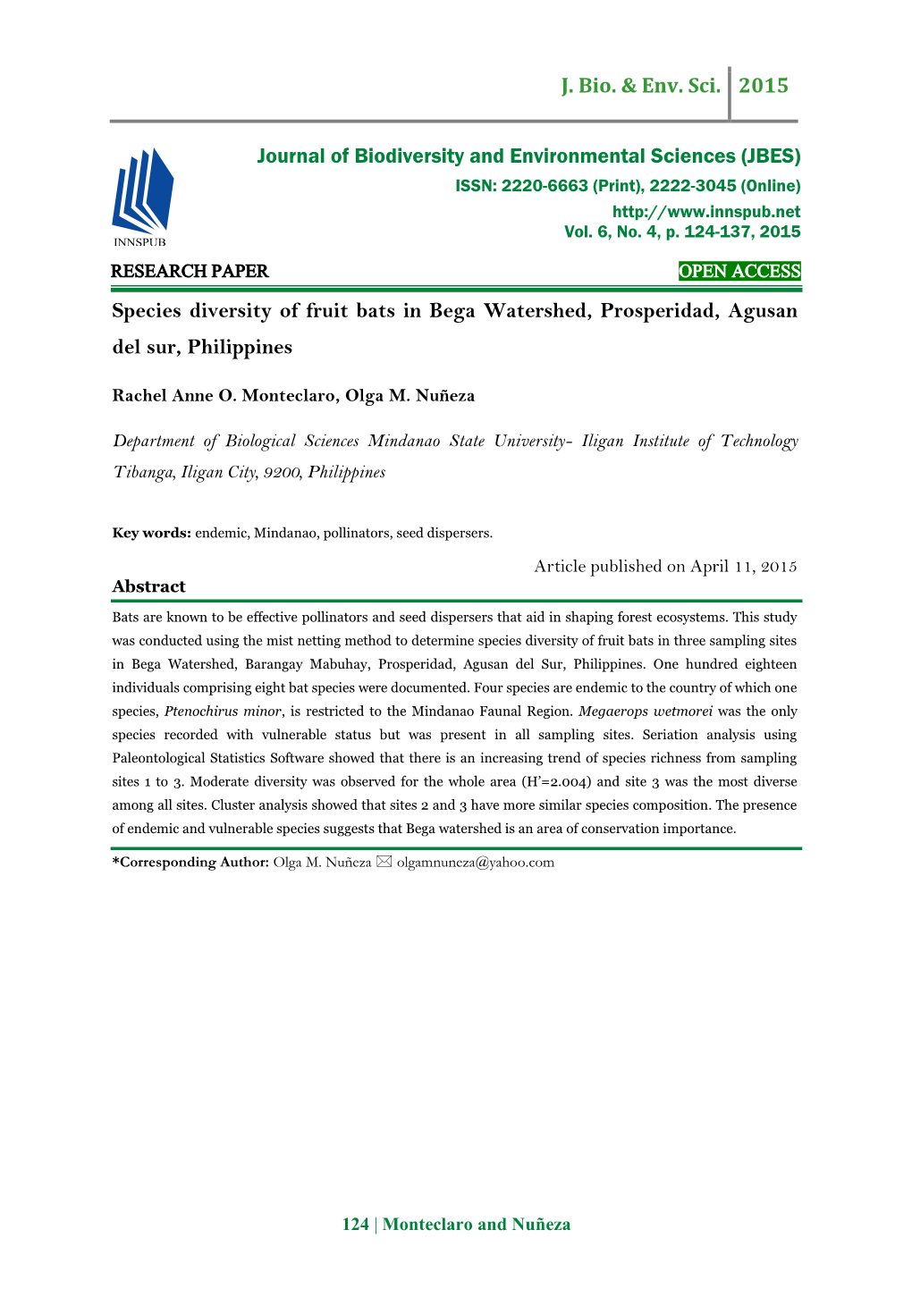 Species Diversity of Fruit Bats in Bega Watershed, Prosperidad, Agusan Del Sur, Philippines