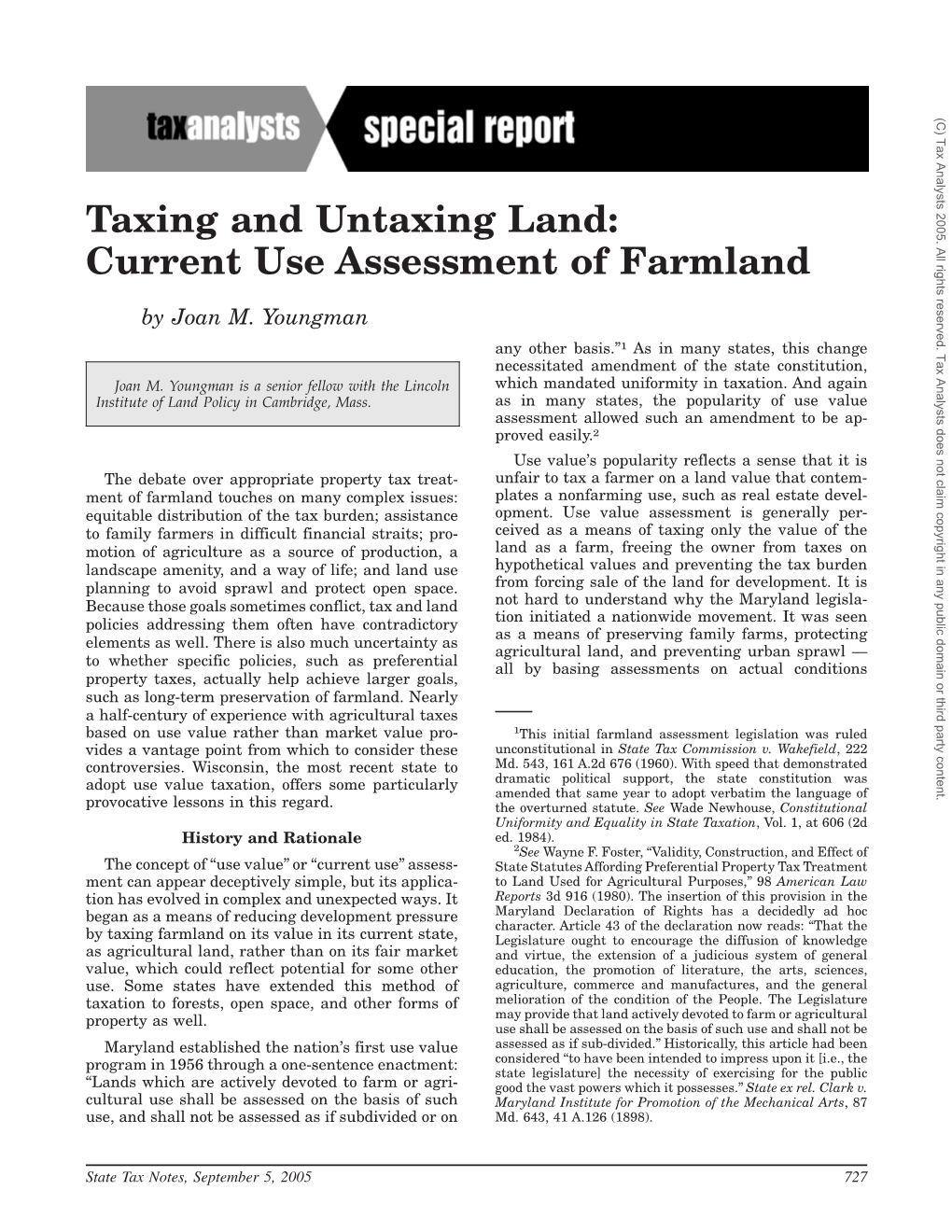Taxing and Untaxing Land: Current Use Assessment of Farmland