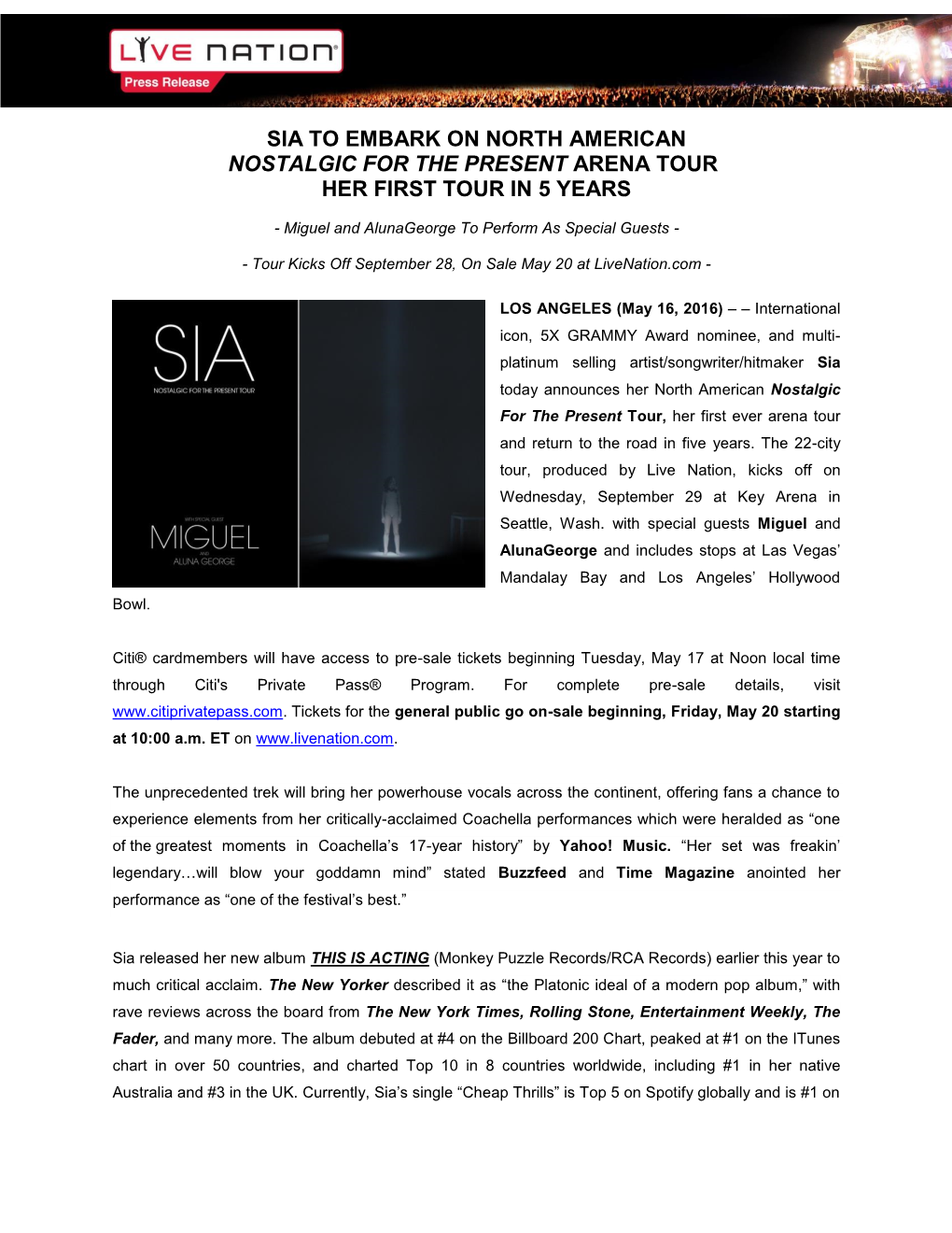 Sia to Embark on North American Nostalgic for the Present Arena Tour Her First Tour in 5 Years