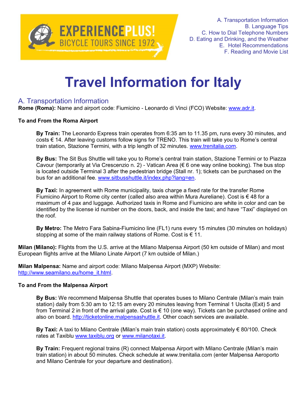 Travel Information for Italy