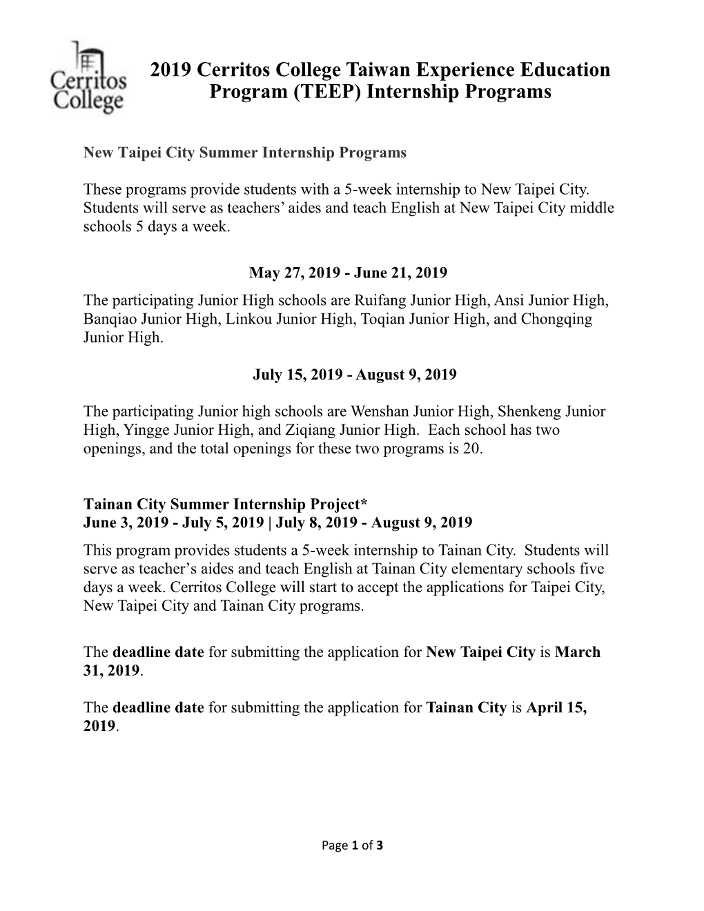 2019 Cerritos College Taiwan Experience Education Program (TEEP) Internship Programs