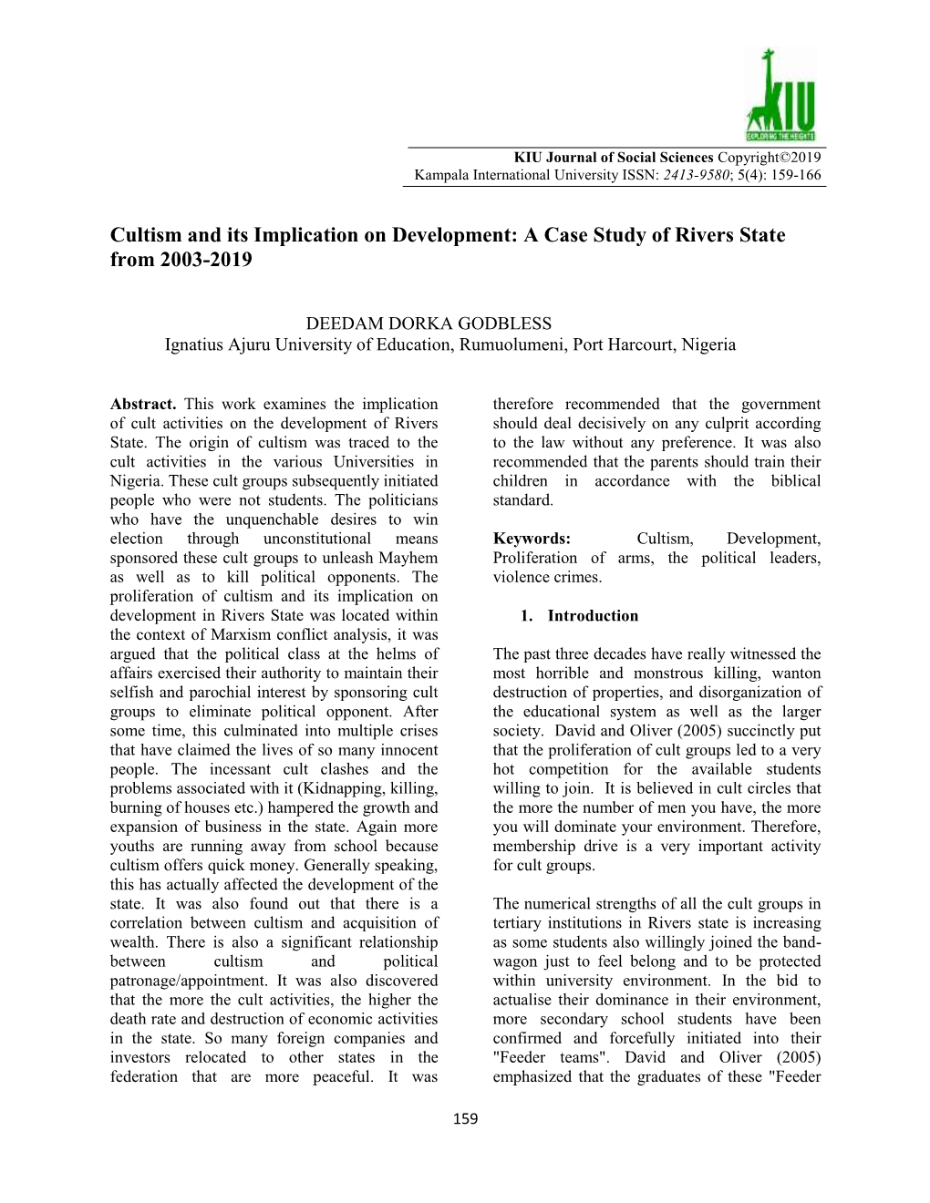 Cultism and Its Implication on Development: a Case Study of Rivers State from 2003-2019