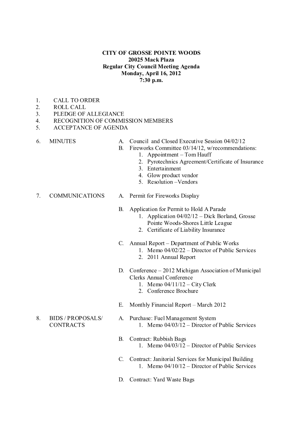 City Council Agenda April 16, 2012