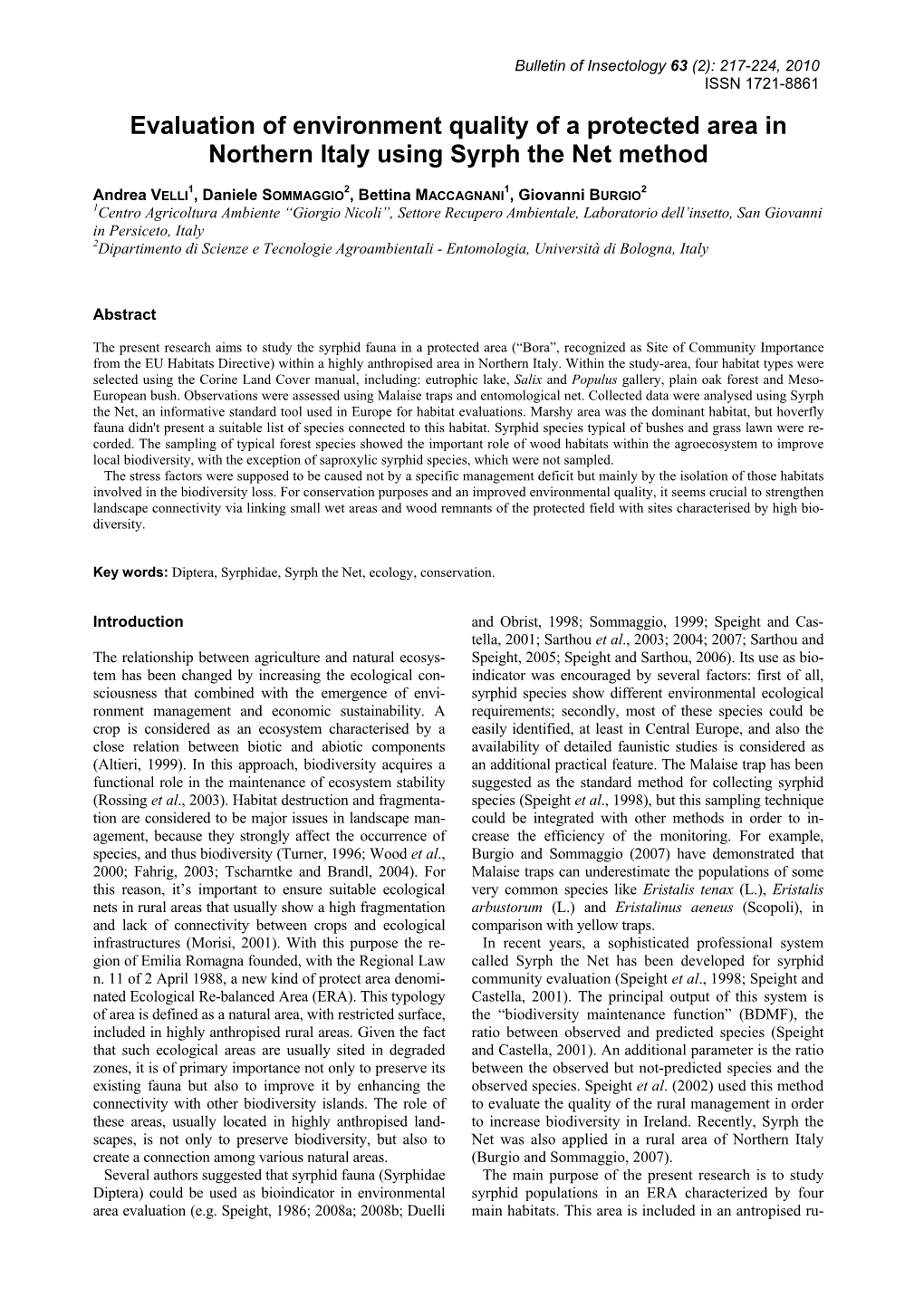 Evaluation of Environment Quality of a Protected Area in Northern Italy Using Syrph the Net Method