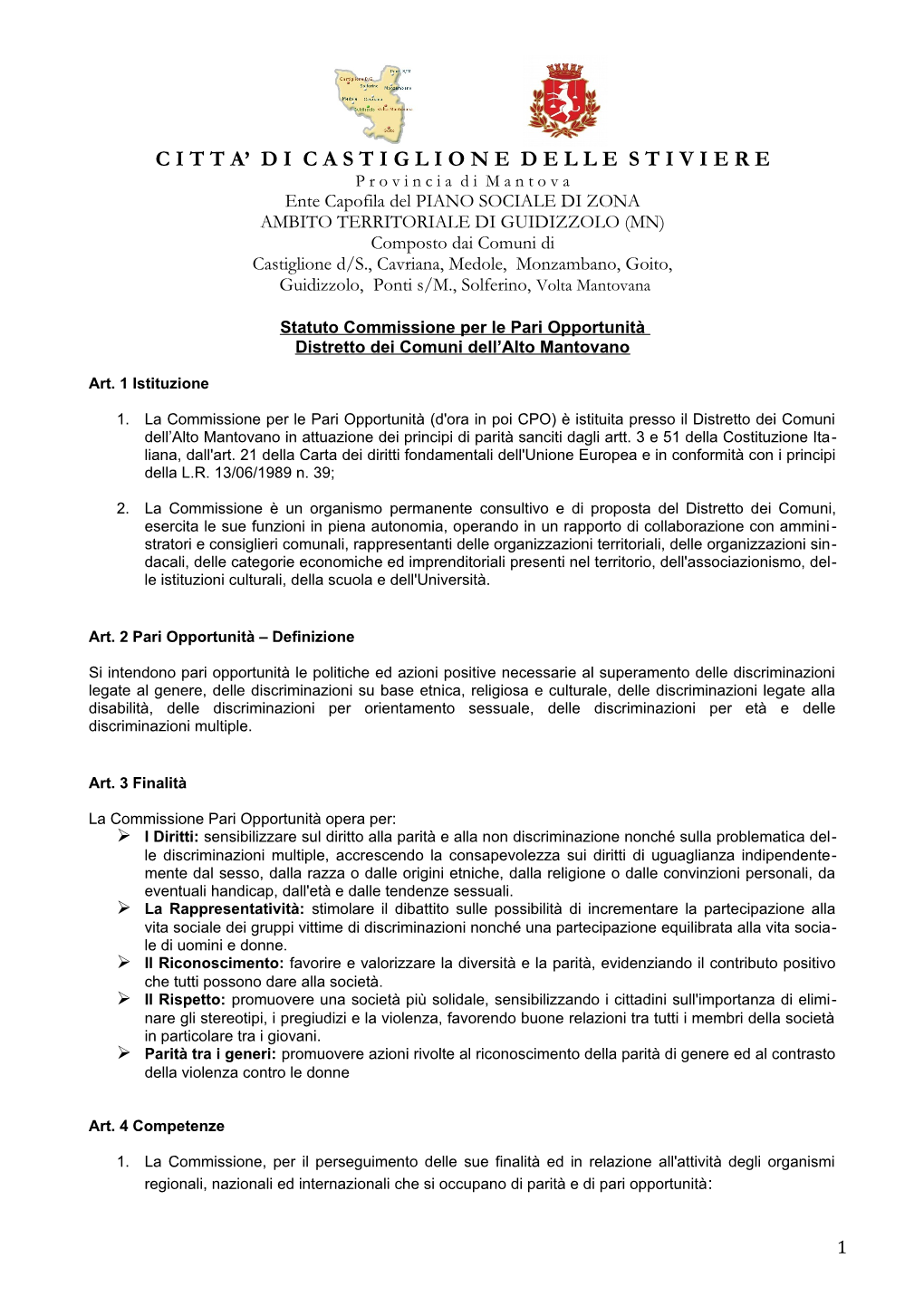 Statuto Commissione Per Le Pari Opportunità Distretto Dei Comuni Dell’Alto Mantovano