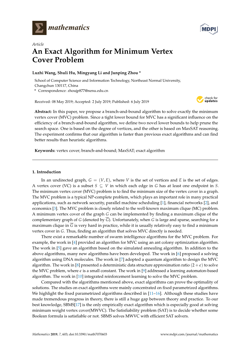 An Exact Algorithm for Minimum Vertex Cover Problem