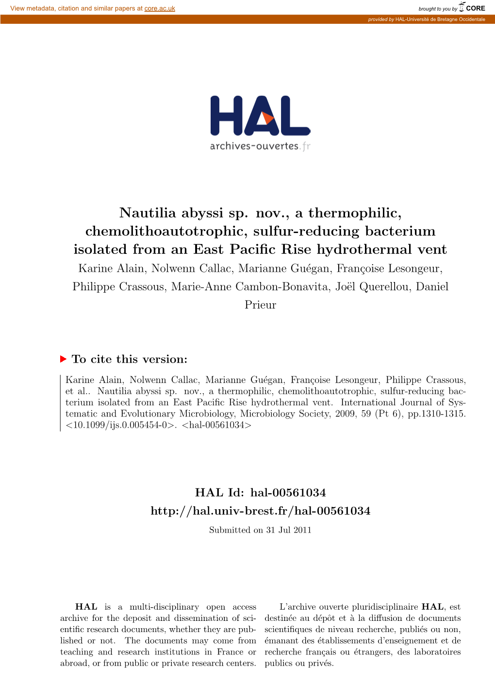 Nautilia Abyssi Sp. Nov., a Thermophilic, Chemolithoautotrophic, Sulfur-Reducing Bacterium Isolated from an East Pacific Rise Hy