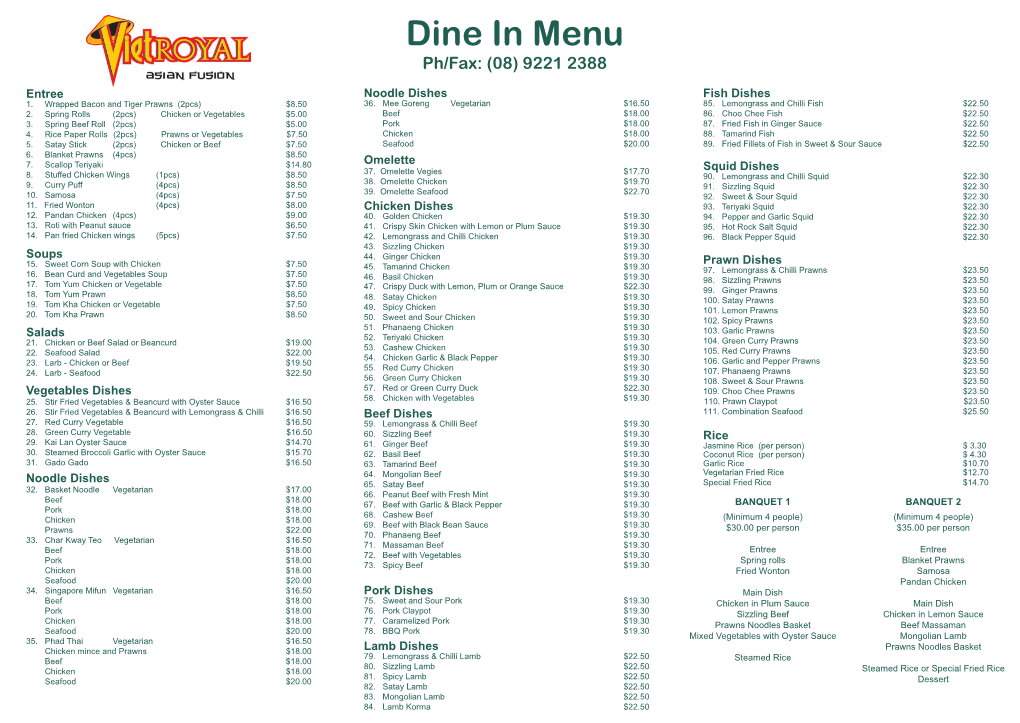 Dine in Menu Ph/Fax: (08) 9221 2388