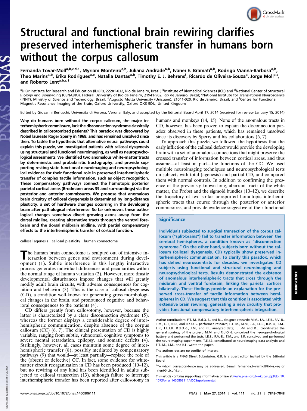 Structural and Functional Brain Rewiring Clarifies Preserved Interhemispheric Transfer in Humans Born Without the Corpus Callosum