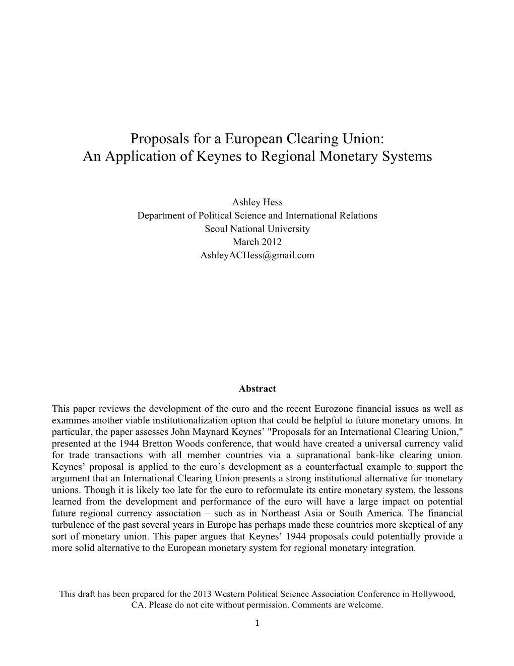 Proposals for a European Clearing Union: an Application of Keynes to Regional Monetary Systems