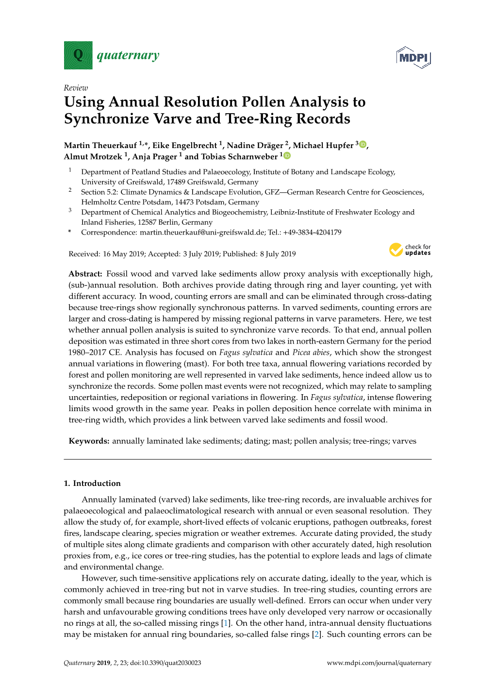 Using Annual Resolution Pollen Analysis to Synchronize Varve and Tree-Ring Records