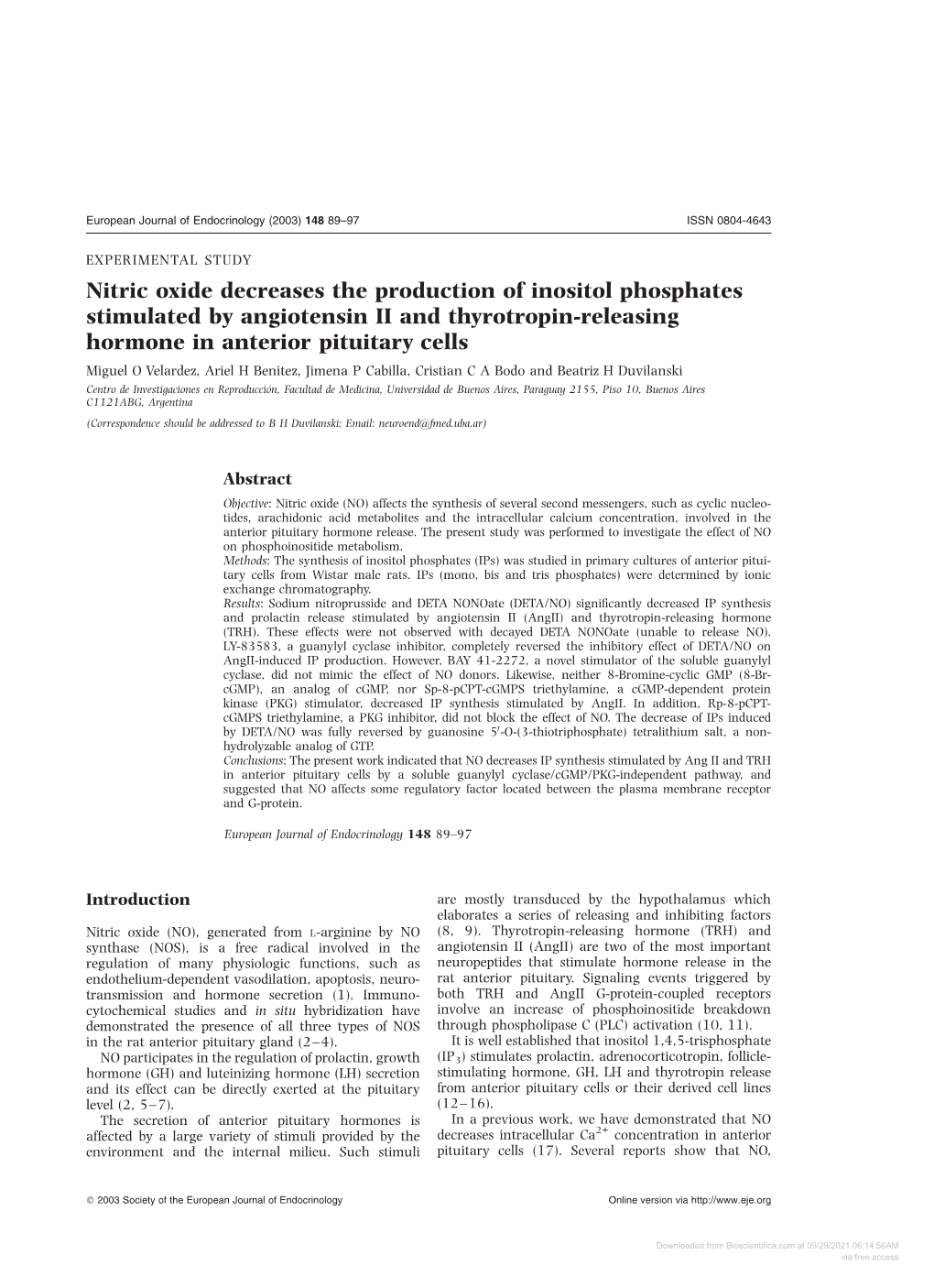 Nitric Oxide Decreases the Production of Inositol Phosphates Stimulated By