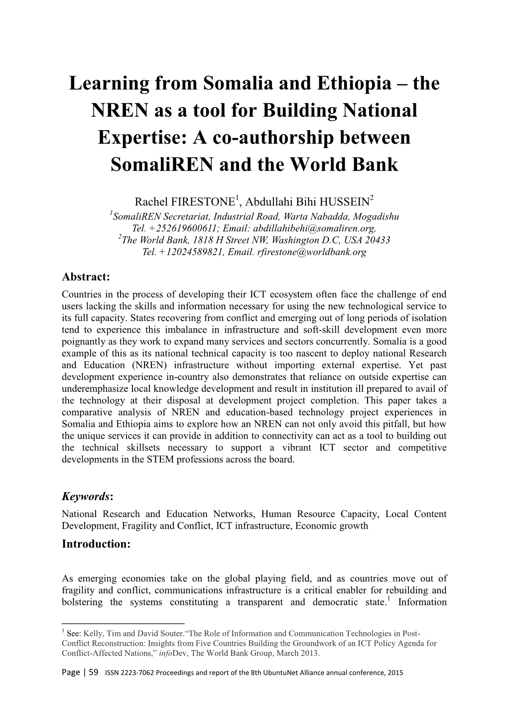 Learning from Somalia and Ethiopia – the NREN As a Tool for Building National Expertise: a Co-Authorship Between Somaliren and the World Bank