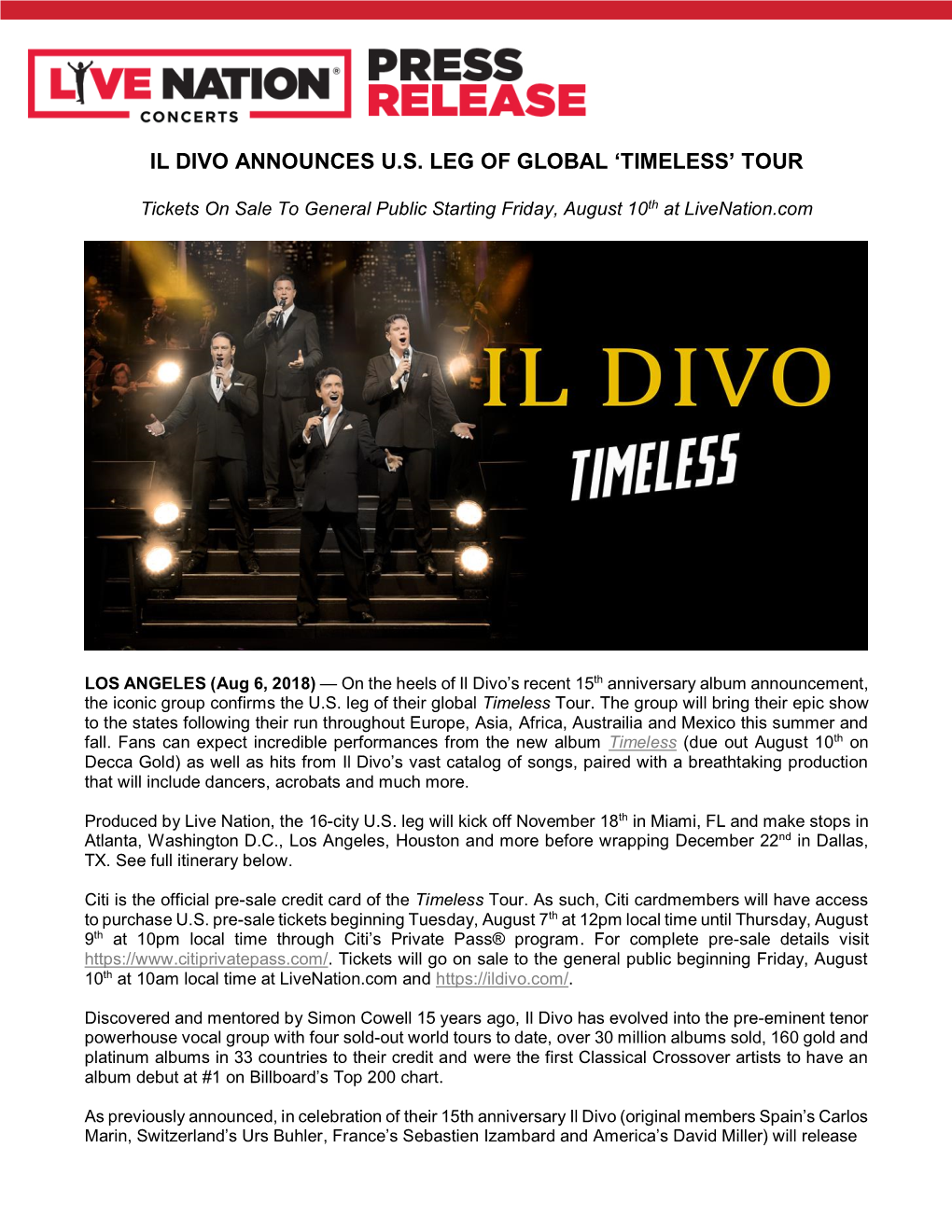 Il Divo Announces U.S. Leg of Global 'Timeless' Tour