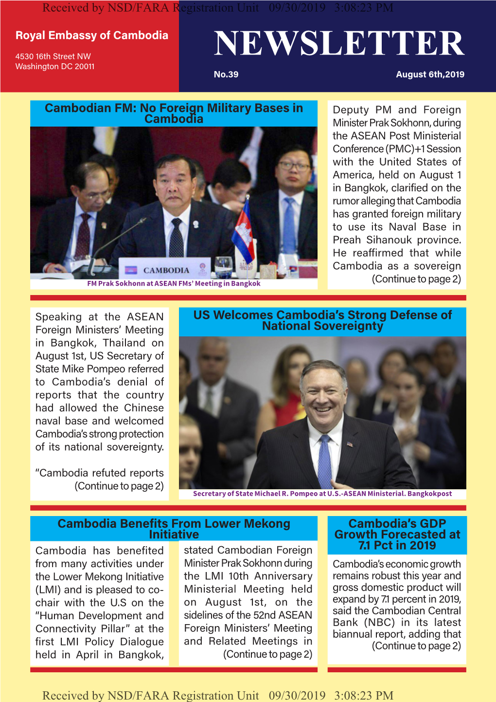 NEWSLETTER Washington DC 20011 No.39 August 6Th,2019