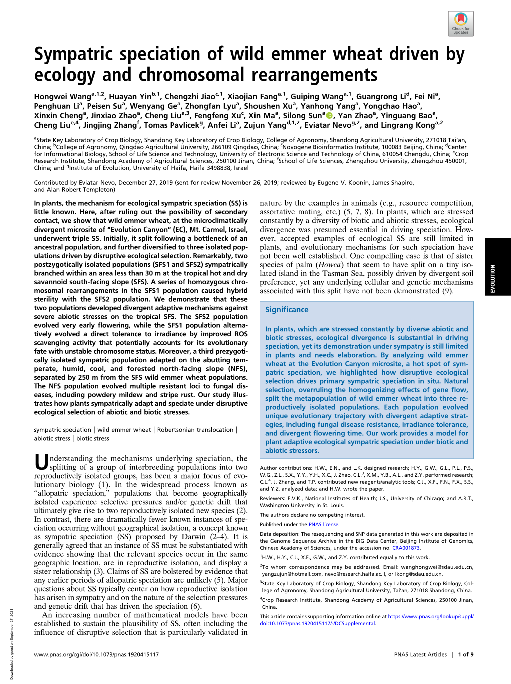 Sympatric Speciation of Wild Emmer Wheat Driven by Ecology and Chromosomal Rearrangements