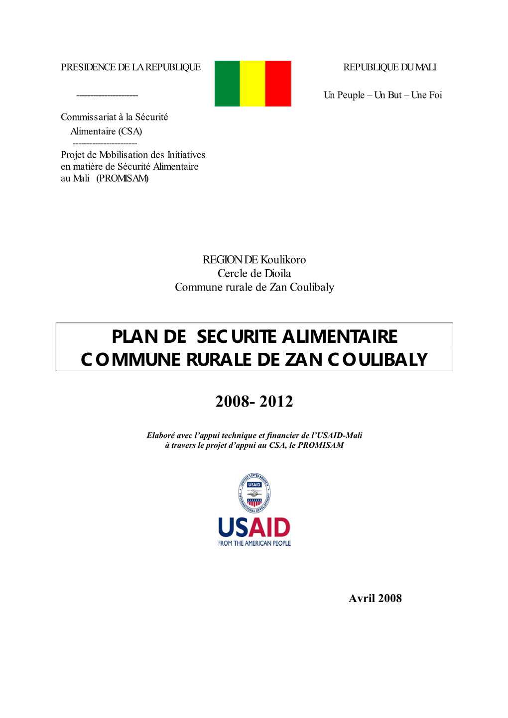 Plan De Securite Alimentaire Commune Rurale De Zan Coulibaly