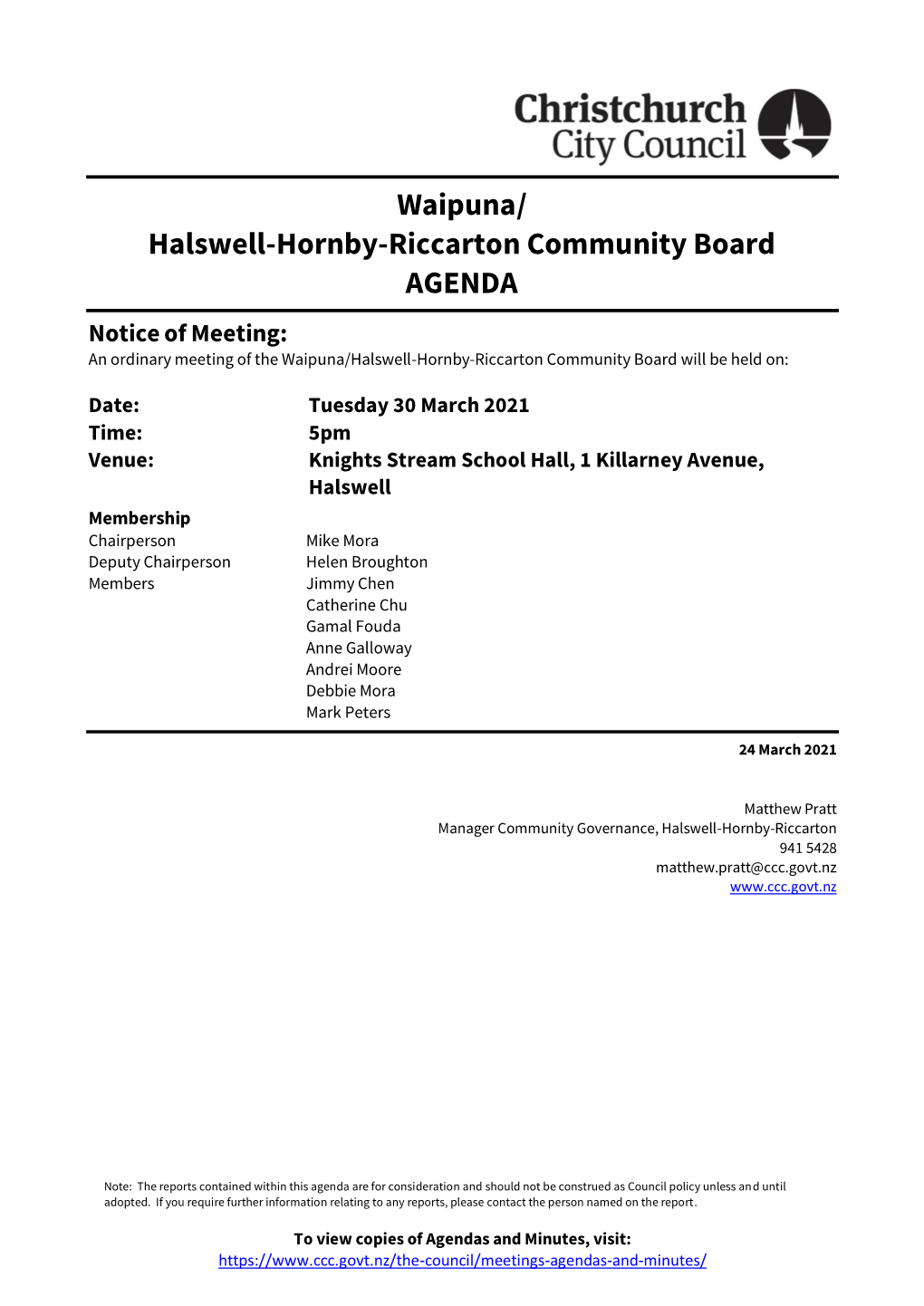 Agenda of Waipuna/Halswell-Hornby