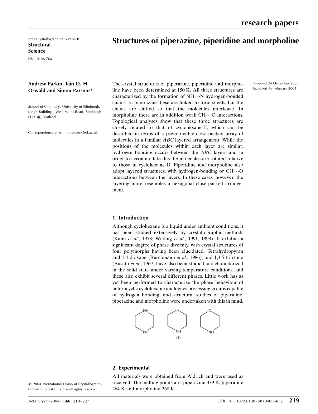 Structures of Piperazine, Piperidine and Morpholine Science ISSN 0108-7681