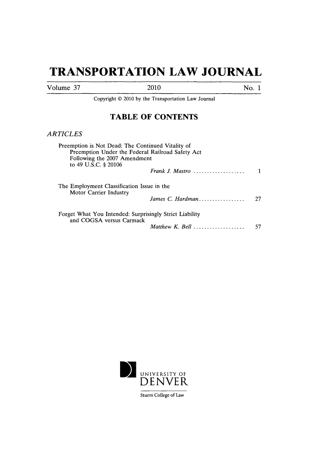 TRANSPORTATION LAW JOURNAL Volume 37 2010 No