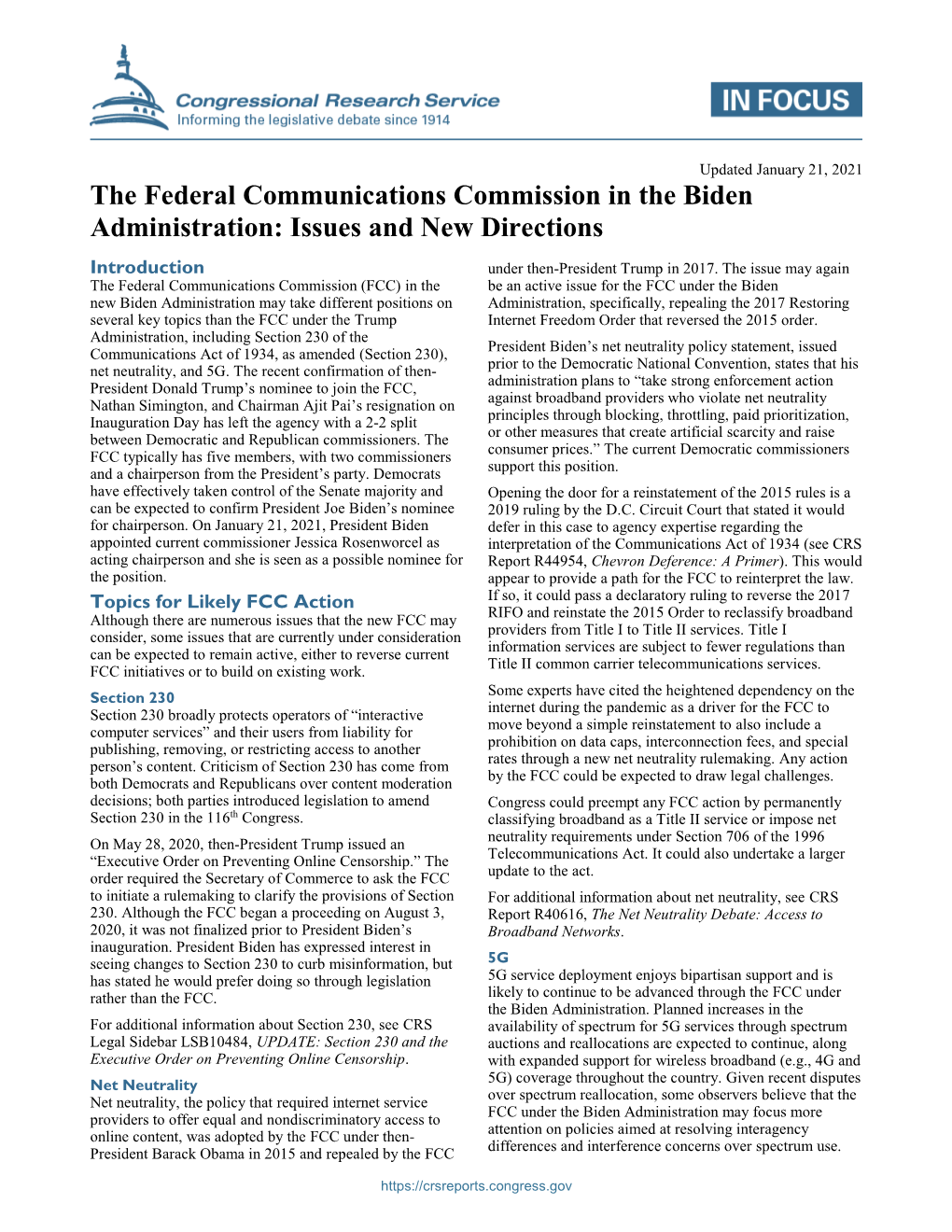 The Federal Communications Commission in the Biden Administration: Issues and New Directions