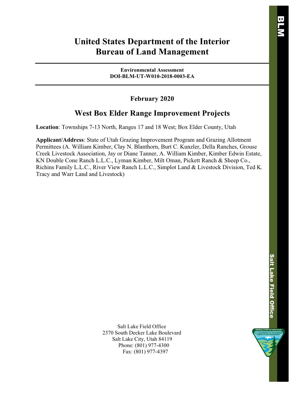 Environmental Assessment DOI-BLM-UT-W010-2018-0003-EA