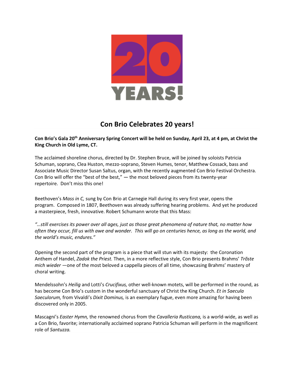 Con Brio Celebrates 20 Years!