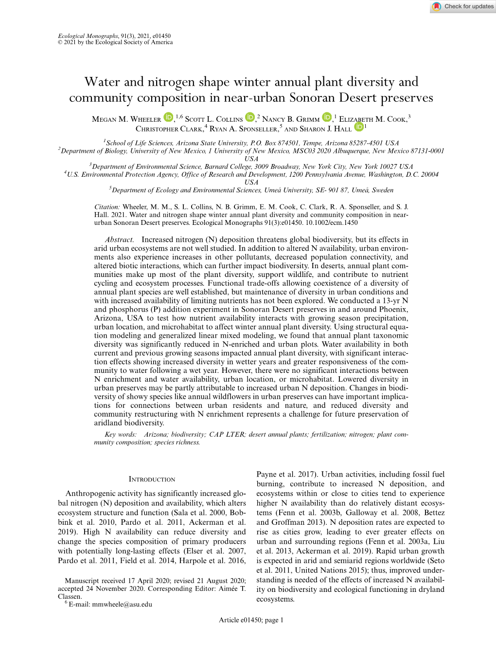 Water and Nitrogen Shape Winter Annual Plant Diversity and Community Composition in Near-Urban Sonoran Desert Preserves