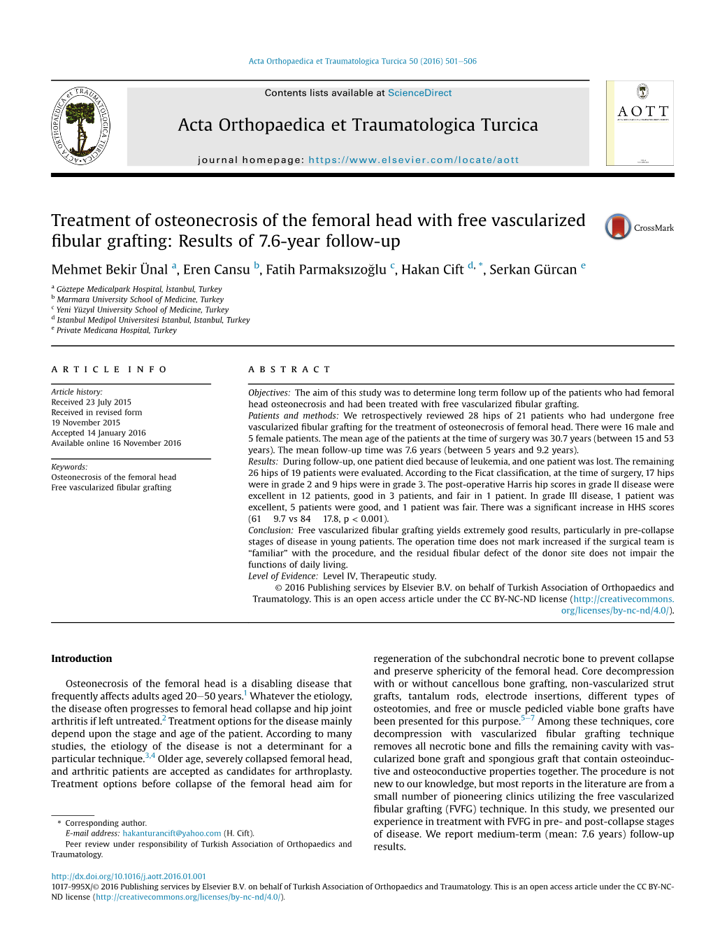 Acta Orthopaedica Et Traumatologica Turcica 50 (2016) 501E506