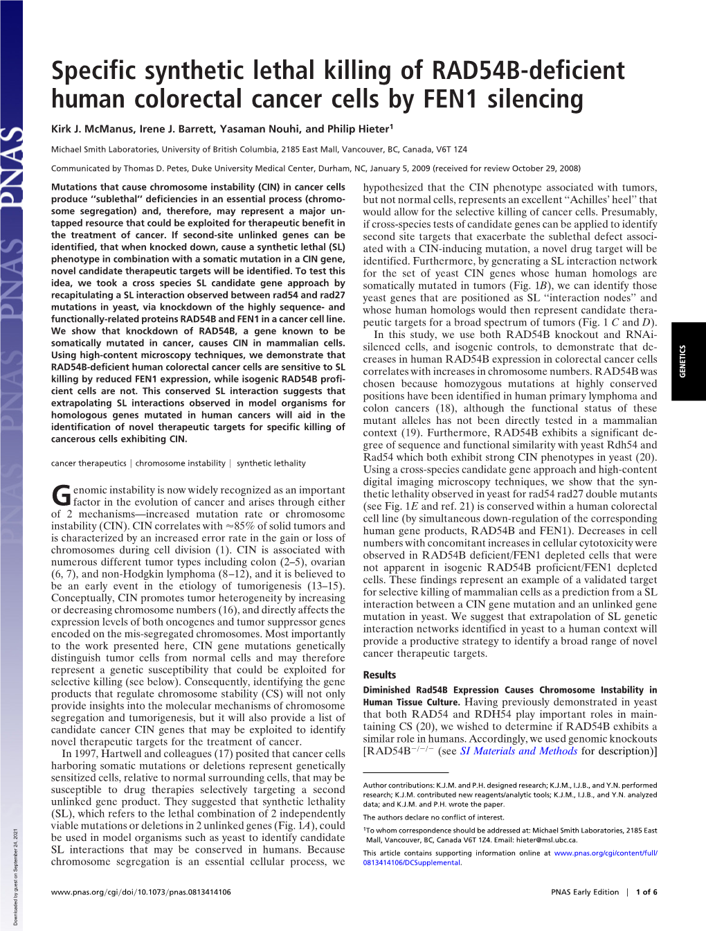 Specific Synthetic Lethal Killing of RAD54B-Deficient Human Colorectal Cancer Cells by FEN1 Silencing