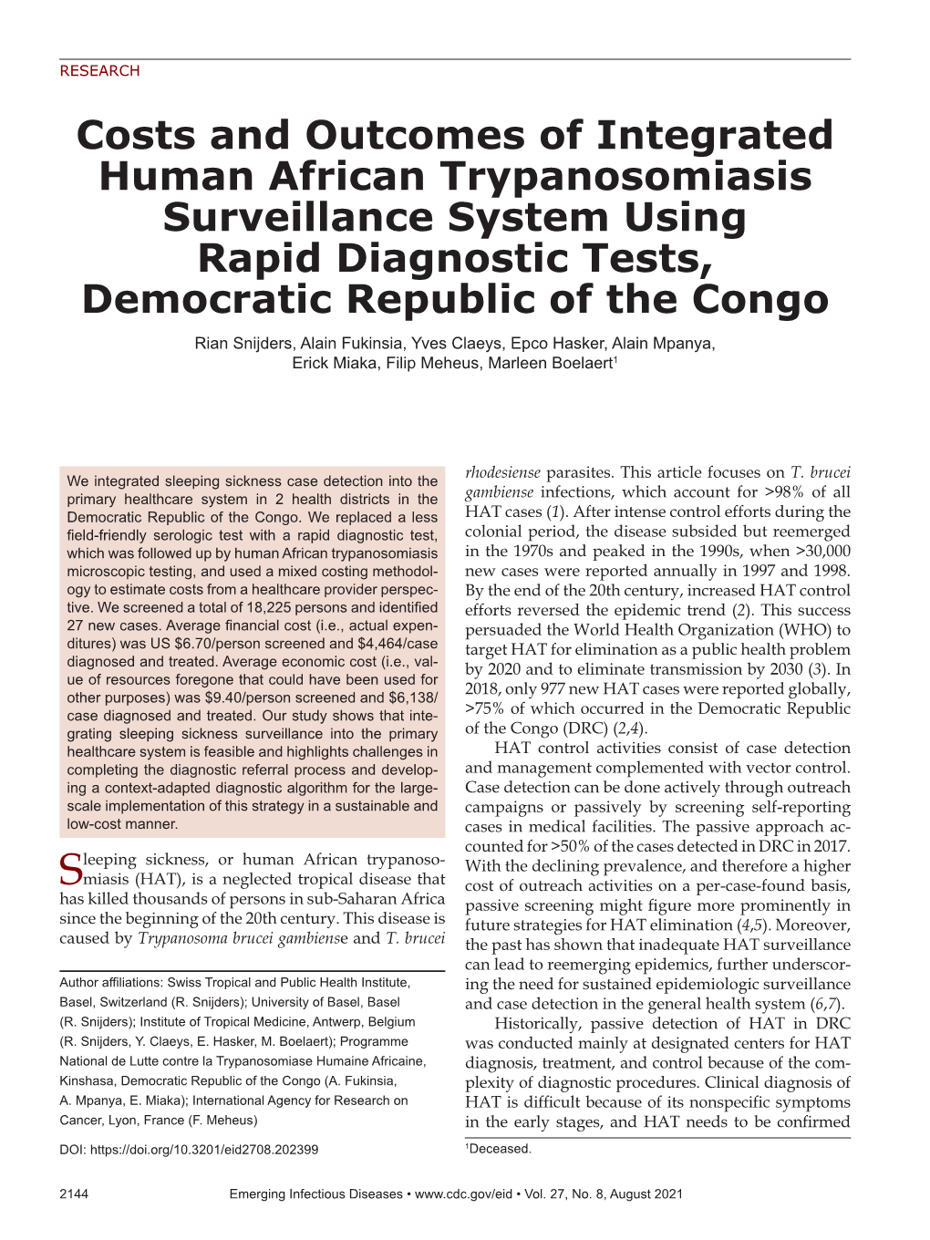 Costs and Outcomes of Integrated Human African Trypanosomiasis