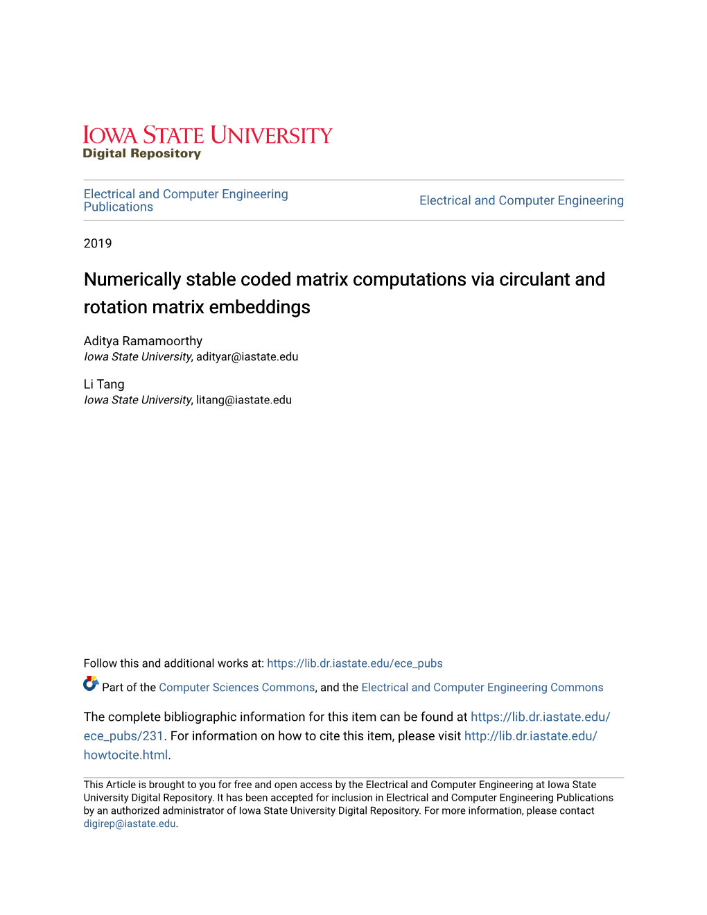 Numerically Stable Coded Matrix Computations Via Circulant and Rotation Matrix Embeddings