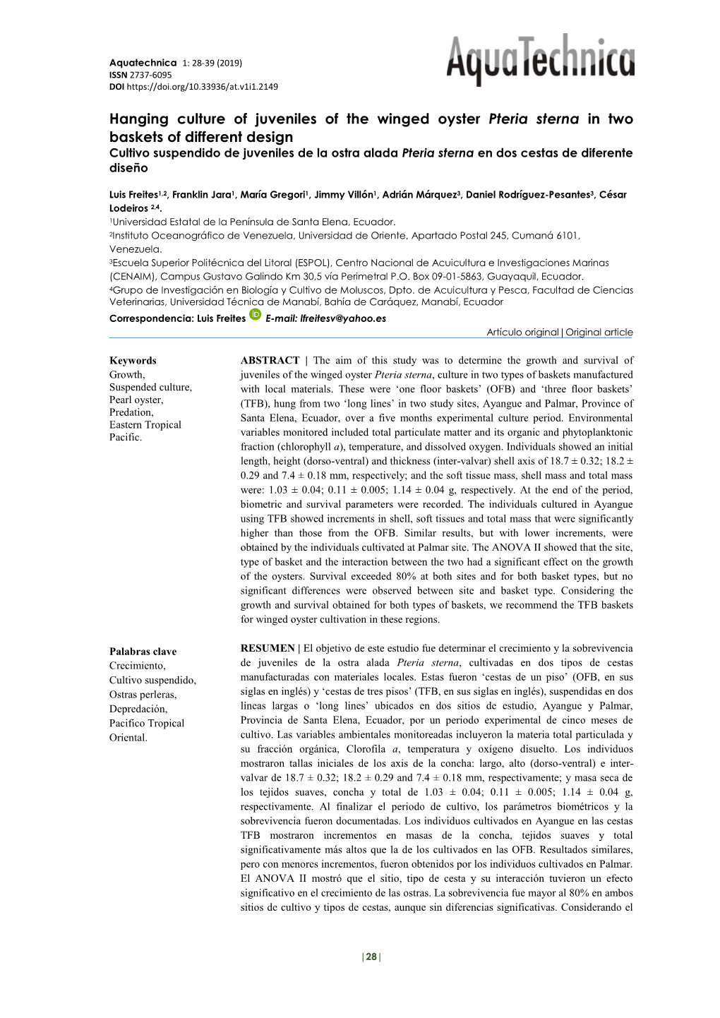 Hanging Culture of Juveniles of the Winged Oyster Pteria Sterna in Two